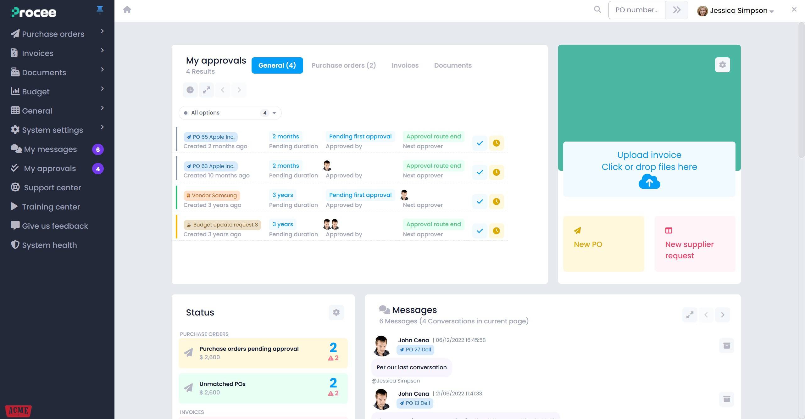 Procee dashboard — invoice status, budgets and approvals in real time